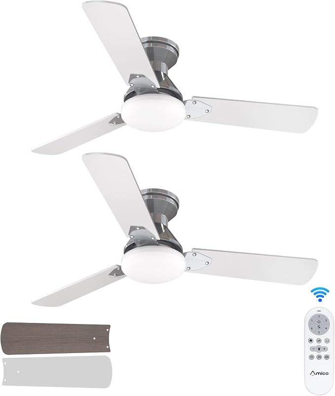 2 Pack Ceiling Fans with Lights, 42 inch Low Profile Ceiling fan with Light and Remote Control, Flush Mount