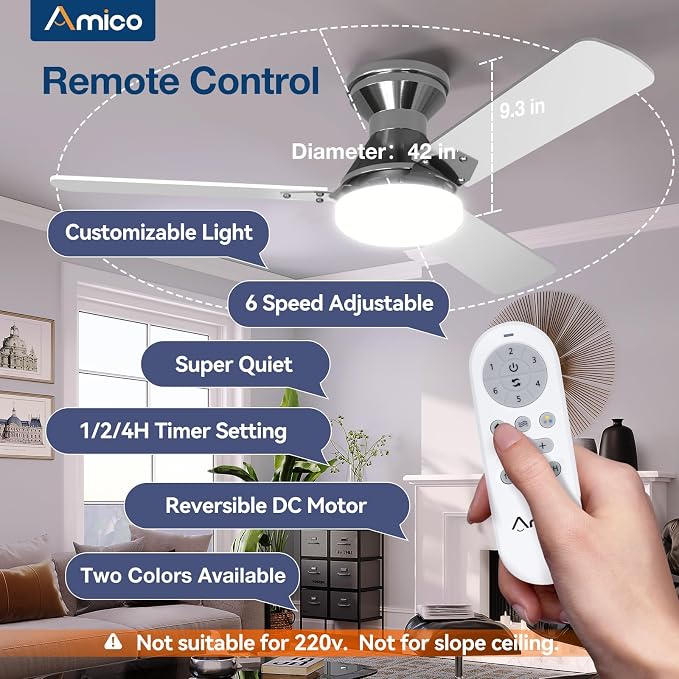 2 Pack Ceiling Fans with Lights, 42 inch Low Profile Ceiling fan with Light and Remote Control, Flush Mount, alternate view 2