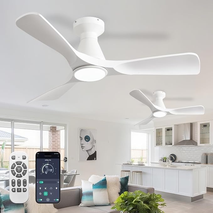 2 Pack Ceiling Fans with Lights: 42-Inch White Flush Mount Low Profile Ceiling Fan for Bedroom Living Room - 3