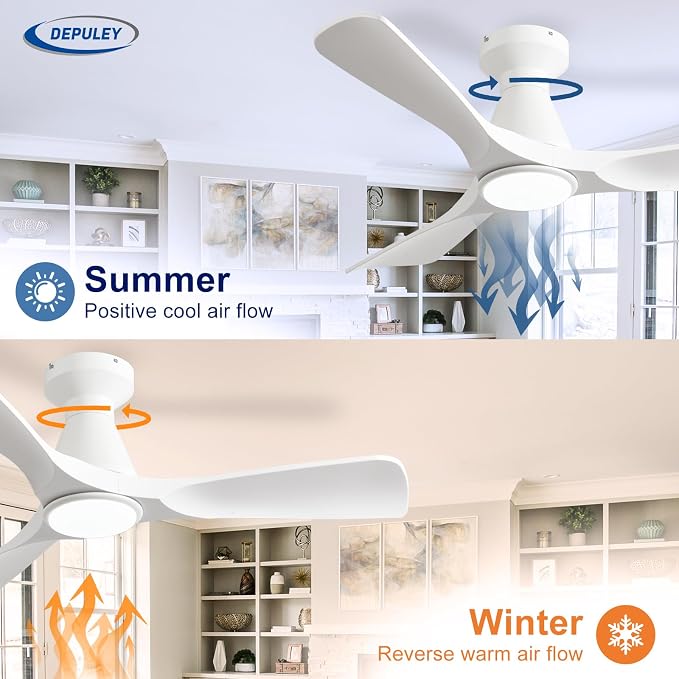 2 Pack Ceiling Fans with Lights: 42-Inch White Flush Mount Low Profile Ceiling Fan for Bedroom Living Room - 3, alternate