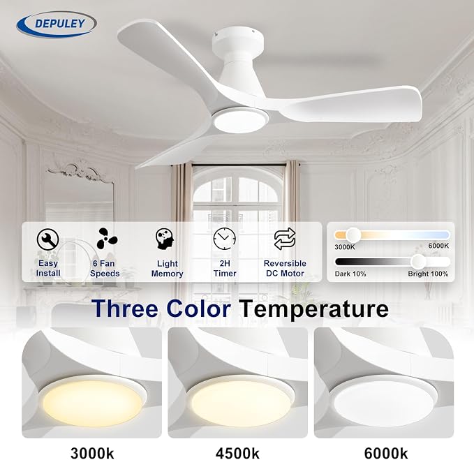 2 Pack Ceiling Fans with Lights: 42-Inch White Flush Mount Low Profile Ceiling Fan for Bedroom Living Room - 3, alternate