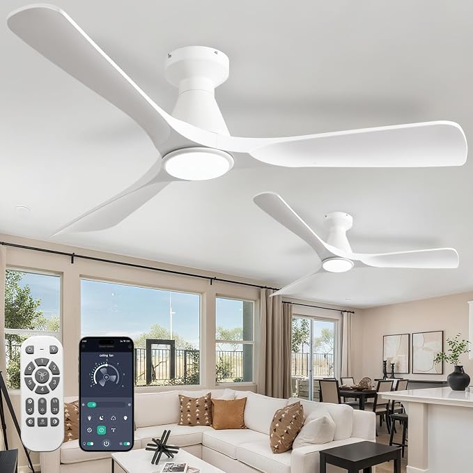 2 Pack Ceiling Fans with Lights: 52-Inch White Flush Mount Low Profile Ceiling Fan for Bedroom Living Room - 3 Blades