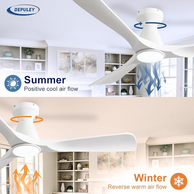 2 Pack Ceiling Fans with Lights: 52-Inch White Flush Mount Low Profile Ceiling Fan for Bedroom Living Room - 3 Blades