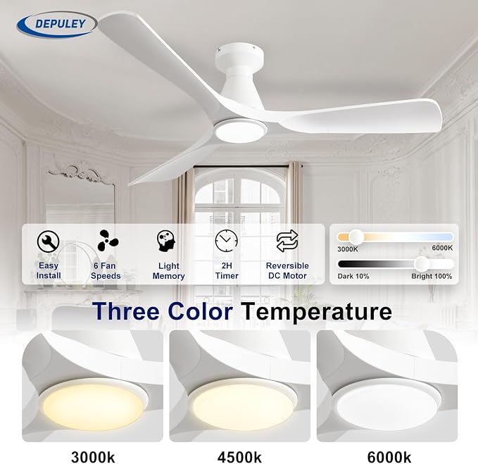 2 Pack Ceiling Fans with Lights: 52-Inch White Flush Mount Low Profile Ceiling Fan for Bedroom Living Room - 3 Blades