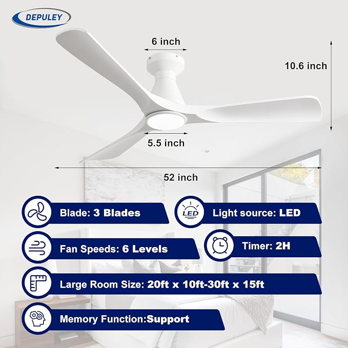 2 Pack Ceiling Fans with Lights: 52-Inch White Flush Mount Low Profile Ceiling Fan for Bedroom Living Room - 3 Blades