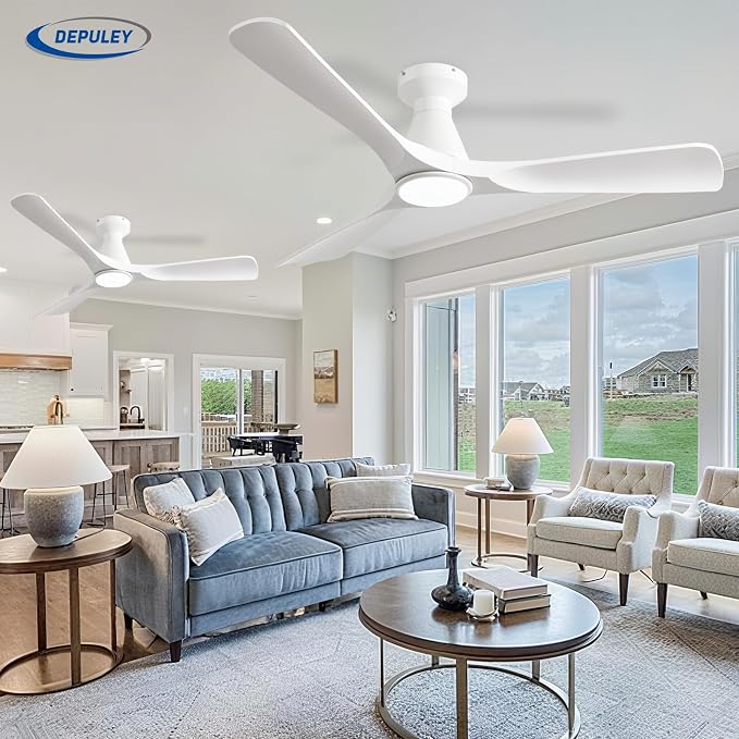 2 Pack Ceiling Fans with Lights: 52-Inch White Flush Mount Low Profile Ceiling Fan for Bedroom Living Room - 3 Blades