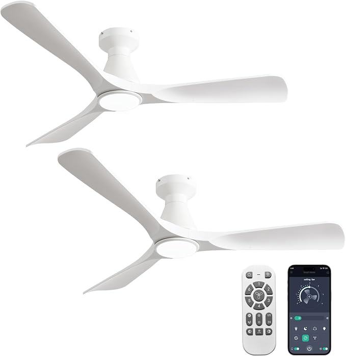 2 Pack Ceiling Fans with Lights: 52-Inch White Flush Mount Low Profile Ceiling Fan for Bedroom Living Room - 3 Blades