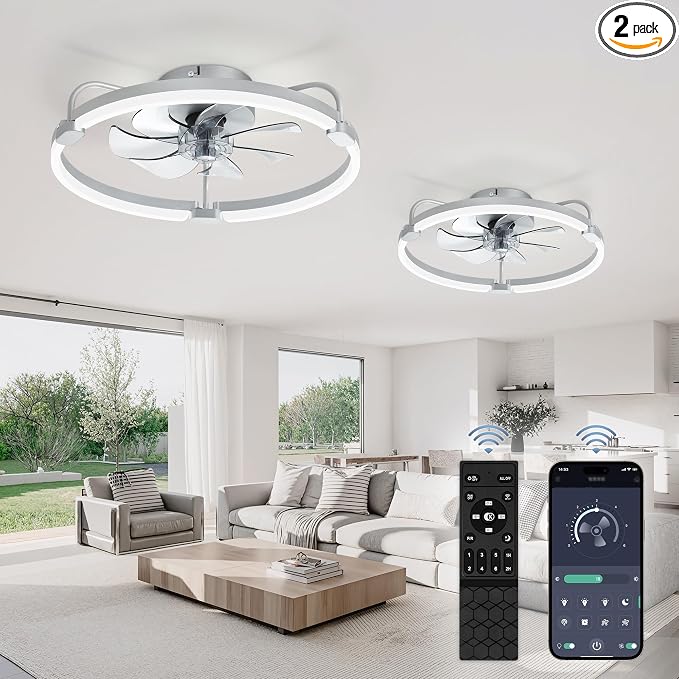 2 Pack Ceiling Fans with Lights and Remote, 20'' Low Profile Ceiling Fan with Light, 3000-6000K Dimmable