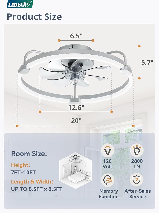 2 Pack Ceiling Fans with Lights and Remote, 20'' Low Profile Ceiling Fan with Light, 3000-6000K Dimmable, alternate view 6