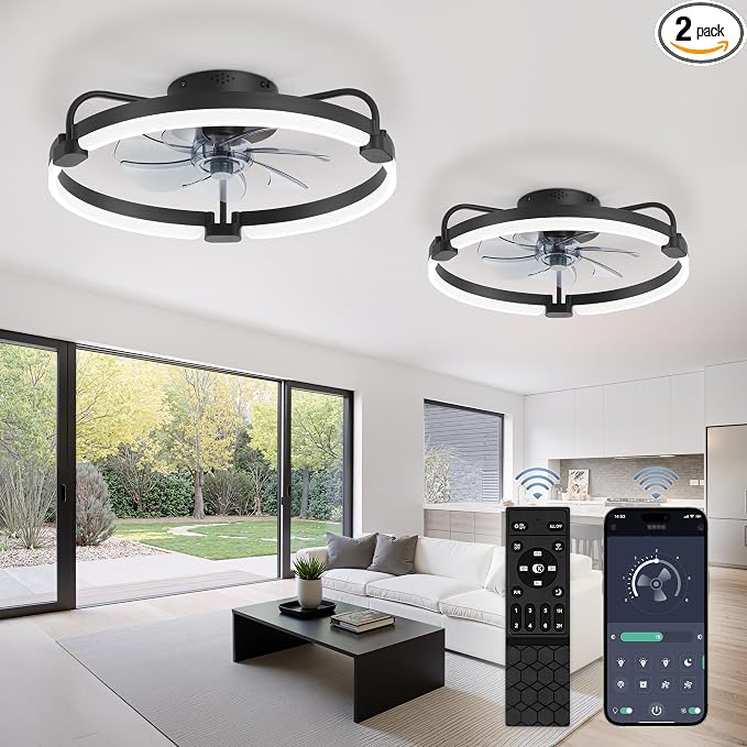 2 Pack Ceiling Fans with Lights and Remote, 20'' Low Profile Ceiling Fan with Light, 3000-6000K Dimmable