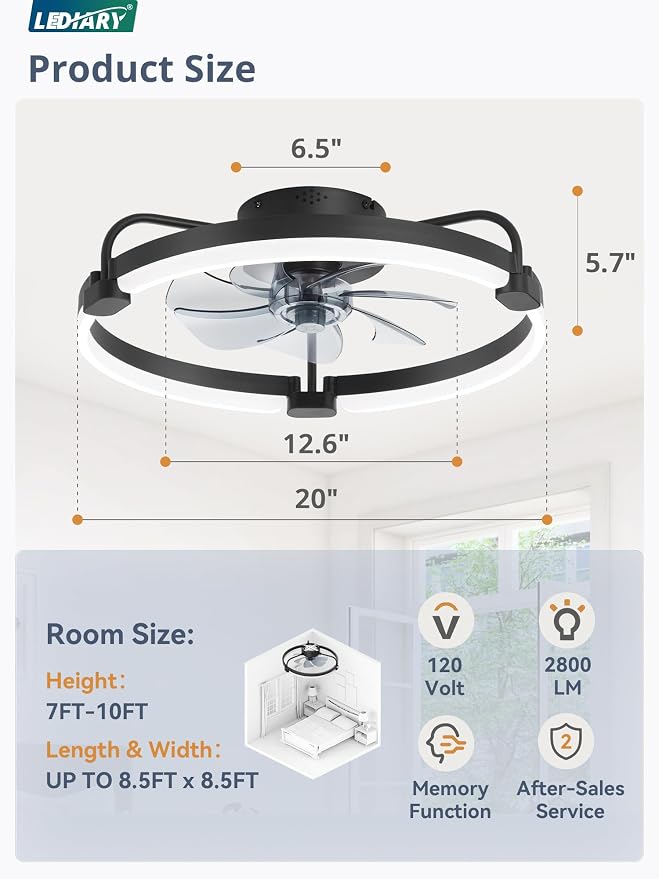 2 Pack Ceiling Fans with Lights and Remote, 20'' Low Profile Ceiling Fan with Light, 3000-6000K Dimmable, alternate view 6