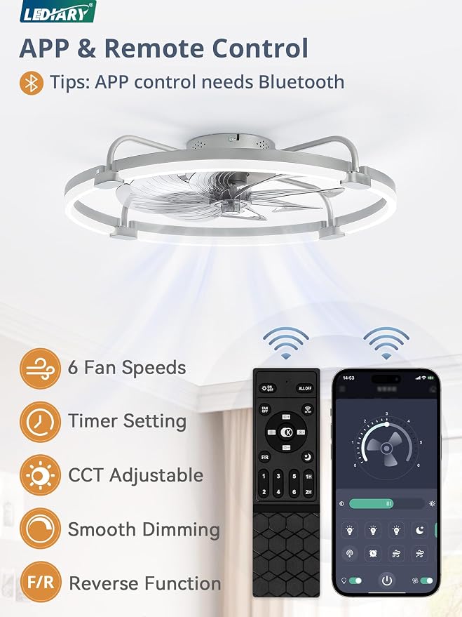 2 Pack Ceiling Fans with Lights and Remote, 24'' Low Profile Ceiling Fan with Light, 3000-6000K Dimmable Fandelier LED Fan