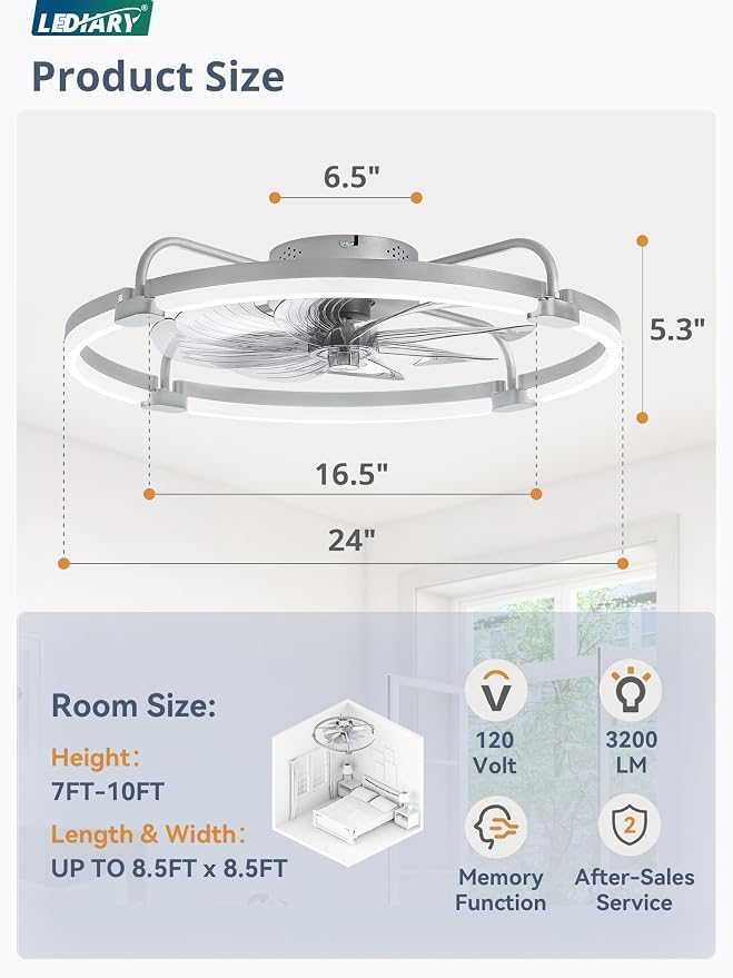 2 Pack Ceiling Fans with Lights and Remote, 24'' Low Profile Ceiling Fan with Light, 3000-6000K Dimmable Fandelier LED Fan