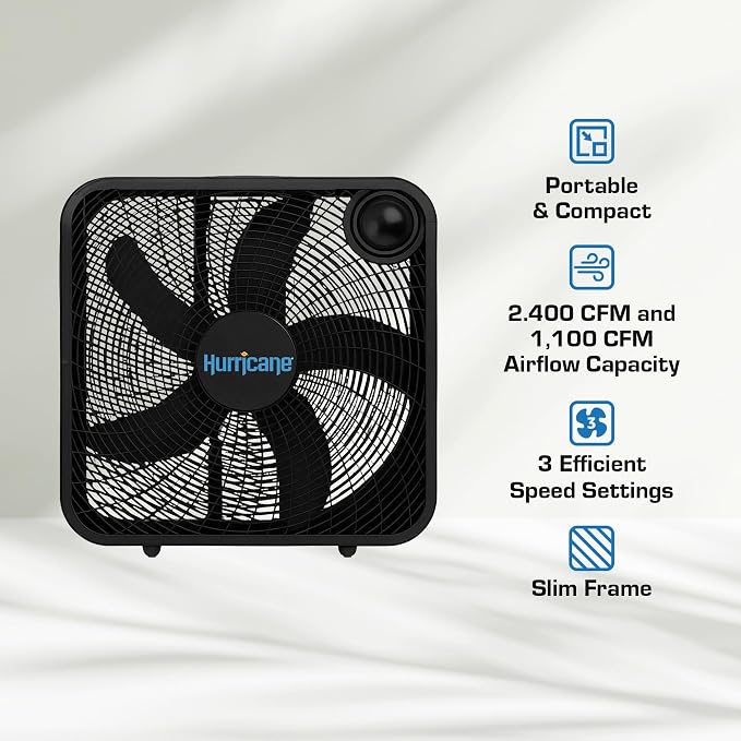 2 Pack Classic Floor Mount Box Fan w/ 3 Quiet Speeds, Black, 20" - Corded Air Cooling Unit w/Powerful 2400 CFM Airflow for