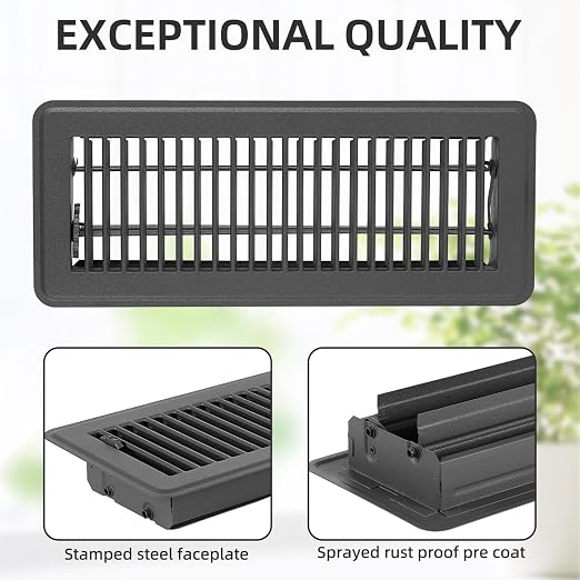 2 Pack Classic Grey 4x12 Inch Floor Register Vent Covers, Heavy Duty Steel, Adjustable Airflow, Rust Proof Finish, Walkable
