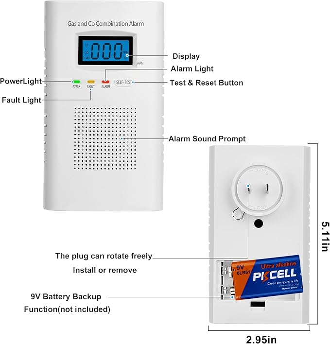 2 Pack Combination Gas & Carbon Monoxide Detectors - Plug in CO Alarm & Natural Gas Detector with Digital, alternate view 2
