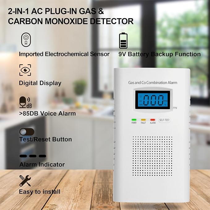 2 Pack Combination Gas & Carbon Monoxide Detectors - Plug in CO Alarm & Natural Gas Detector with Digital, alternate view 3