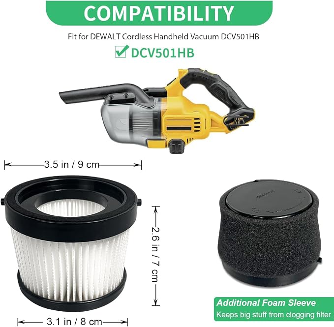 2 Pack DCV5011H HEPA Filter Compatible with DCV501HB Cordless Handheld Vacuum, with 4 Foam Sleeve Filters & 1 Brush