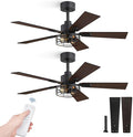 2 Pack Farmhouse 42 Inch Ceiling Fans with Lights, Black Industrial Caged Ceiling Fans for Bedroom Living Room, Double-Sided