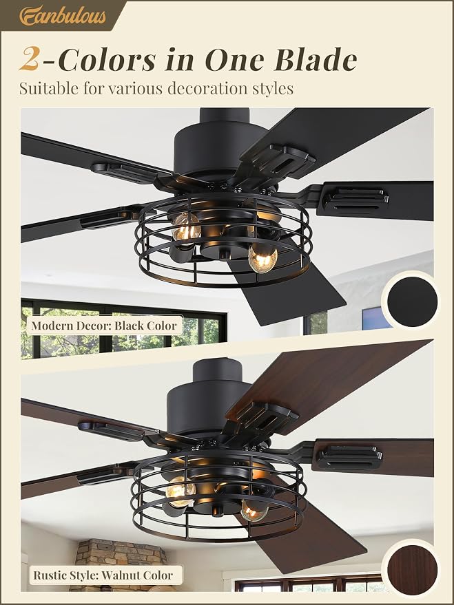 2 Pack Farmhouse 42 Inch Ceiling Fans with Lights, Black Industrial Caged Ceiling Fans for Bedroom Living Room, Double-Sided