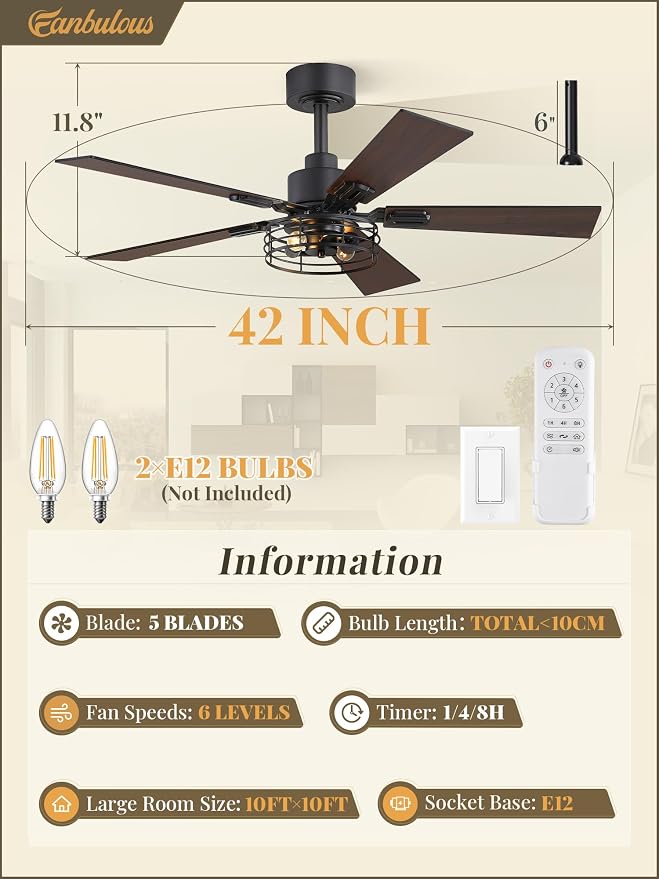 2 Pack Farmhouse 42 Inch Ceiling Fans with Lights, Black Industrial Caged Ceiling Fans for Bedroom Living Room, Double-Sided