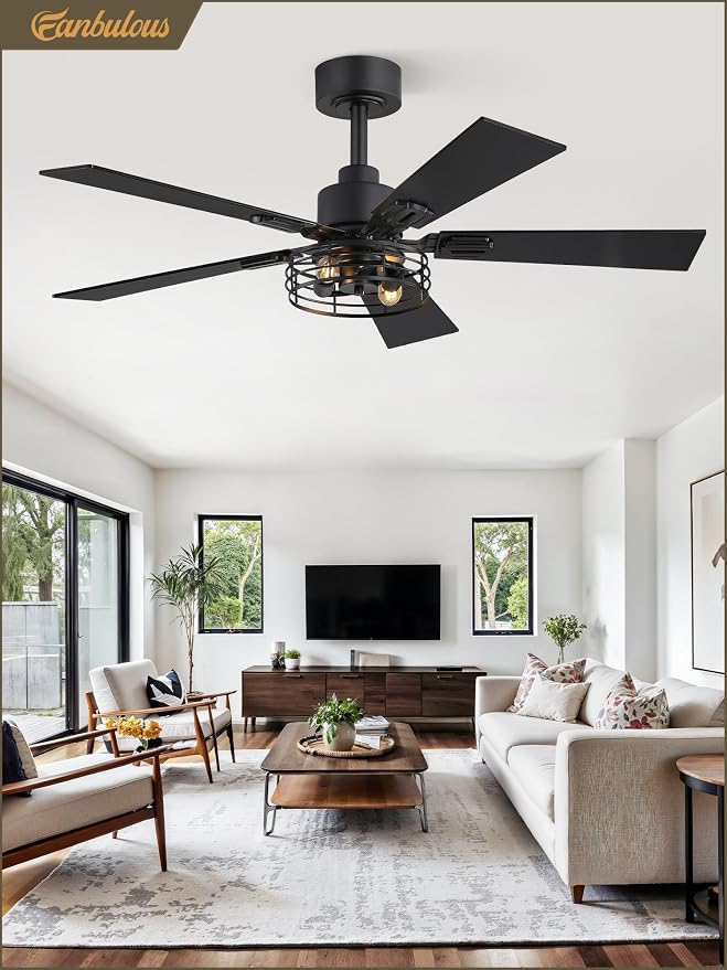 2 Pack Farmhouse 42 Inch Ceiling Fans with Lights, Black Industrial Caged Ceiling Fans for Bedroom Living Room, Double-Sided
