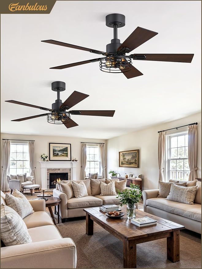 2 Pack Farmhouse 42 Inch Ceiling Fans with Lights, Black Industrial Caged Ceiling Fans for Bedroom Living Room, Double-Sided