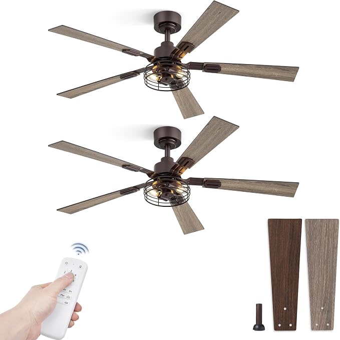2 Pack Farmhouse 48 Inch Ceiling Fans with Lights, Industrial Caged Ceiling Fans for Bedroom Living Room, Double-Sided 5