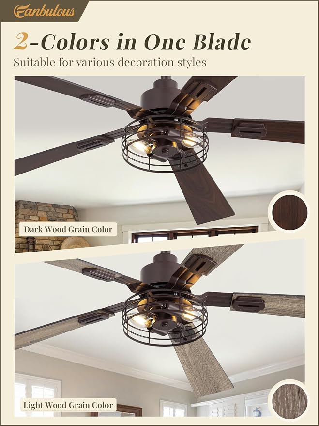 2 Pack Farmhouse 48 Inch Ceiling Fans with Lights, Industrial Caged Ceiling Fans for Bedroom Living Room, Double-Sided 5