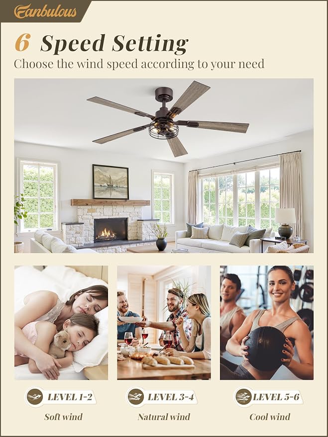 2 Pack Farmhouse 48 Inch Ceiling Fans with Lights, Industrial Caged Ceiling Fans for Bedroom Living Room, Double-Sided 5