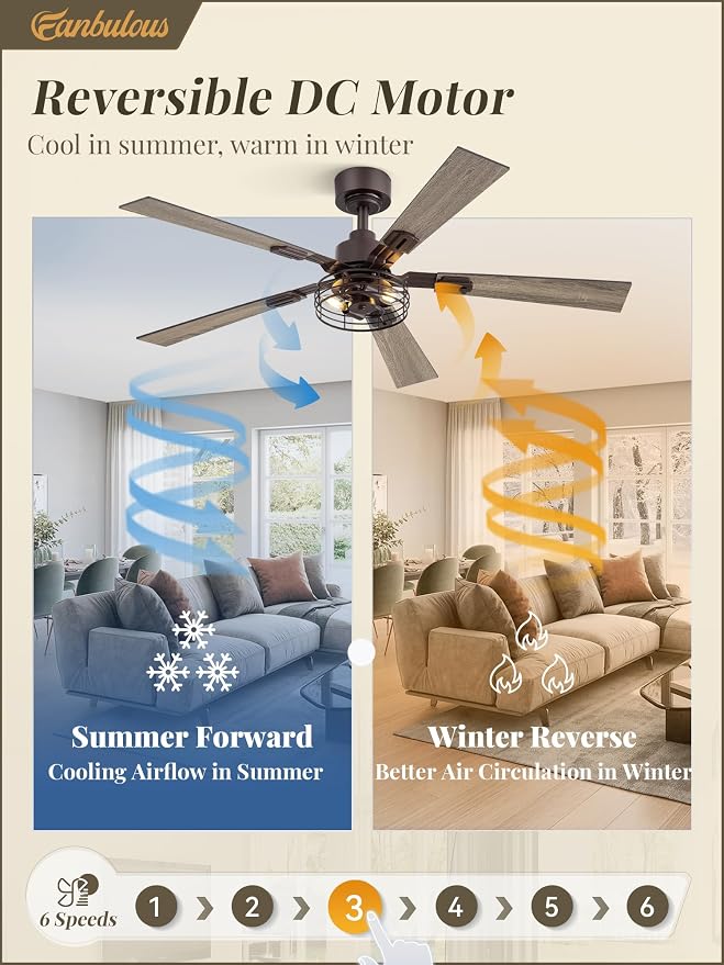 2 Pack Farmhouse 48 Inch Ceiling Fans with Lights, Industrial Caged Ceiling Fans for Bedroom Living Room, Double-Sided 5