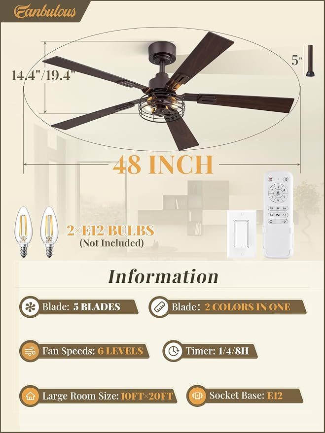 2 Pack Farmhouse 48 Inch Ceiling Fans with Lights, Industrial Caged Ceiling Fans for Bedroom Living Room, Double-Sided 5