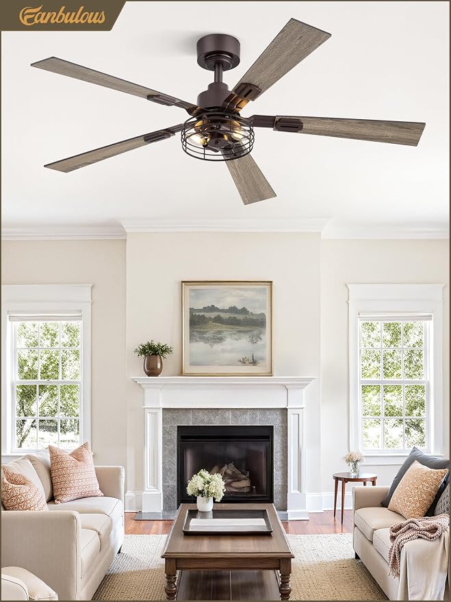 2 Pack Farmhouse 48 Inch Ceiling Fans with Lights, Industrial Caged Ceiling Fans for Bedroom Living Room, Double-Sided 5