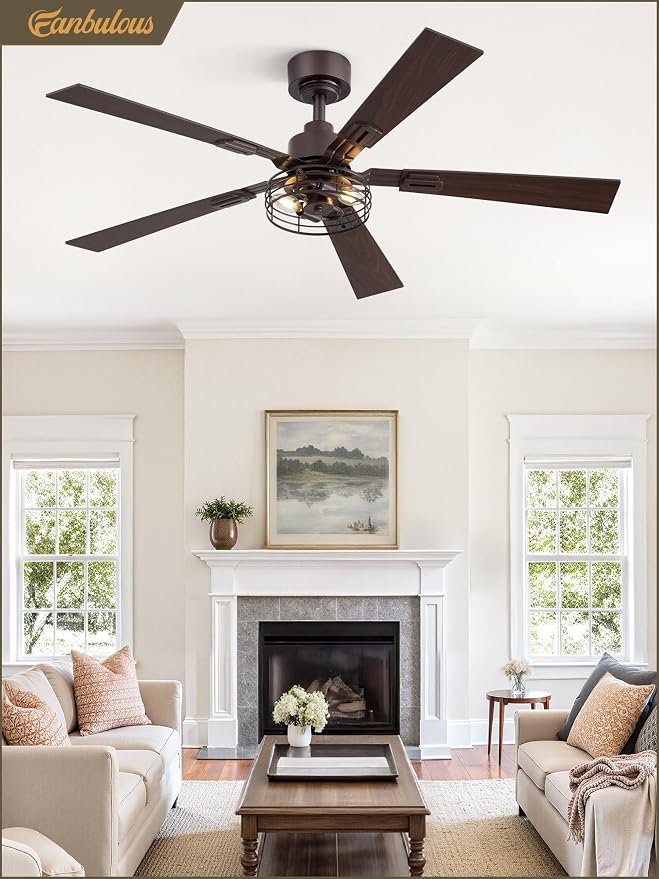2 Pack Farmhouse 48 Inch Ceiling Fans with Lights, Industrial Caged Ceiling Fans for Bedroom Living Room, Double-Sided 5