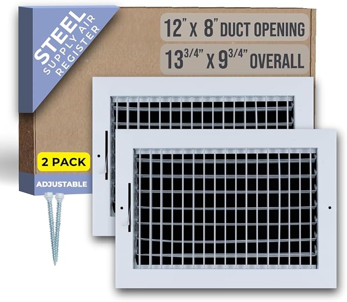 2 Pack] Fits 12x8 Duct Opening Steel Adjustable Air Supply Grille by | Register Vent Cover Grill for Sidewall and Ceiling |