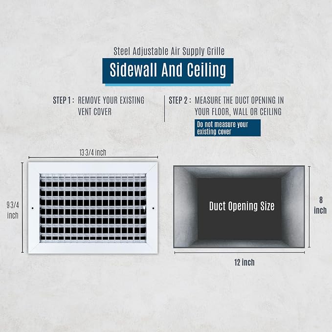 2 Pack] Fits 12x8 Duct Opening Steel Adjustable Air Supply Grille by | Register Vent Cover Grill for Sidewall and Ceiling |