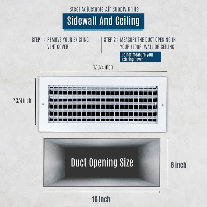 2 Pack] Fits 16x6 Duct Opening Steel Adjustable Air Supply Grille by | Register Vent Cover Grill for Sidewall and Ceiling |