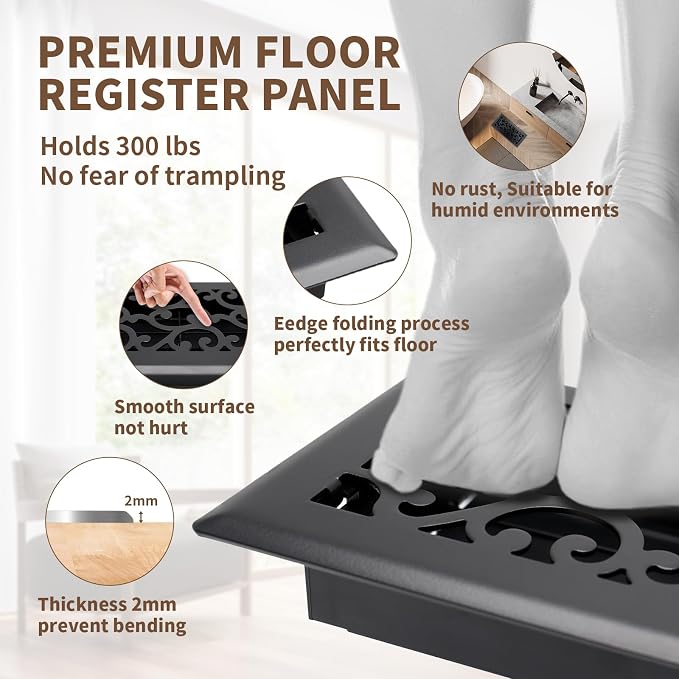 2 Pack Floor Register 4x12 Inches Heavy Duty Walkable Steel Floor Registers Adjustable Airflow Floor Vent Covers - Matte