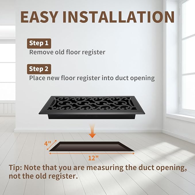 2 Pack Floor Register 4x12 Inches Heavy Duty Walkable Steel Floor Registers Adjustable Airflow Floor Vent Covers - Matte