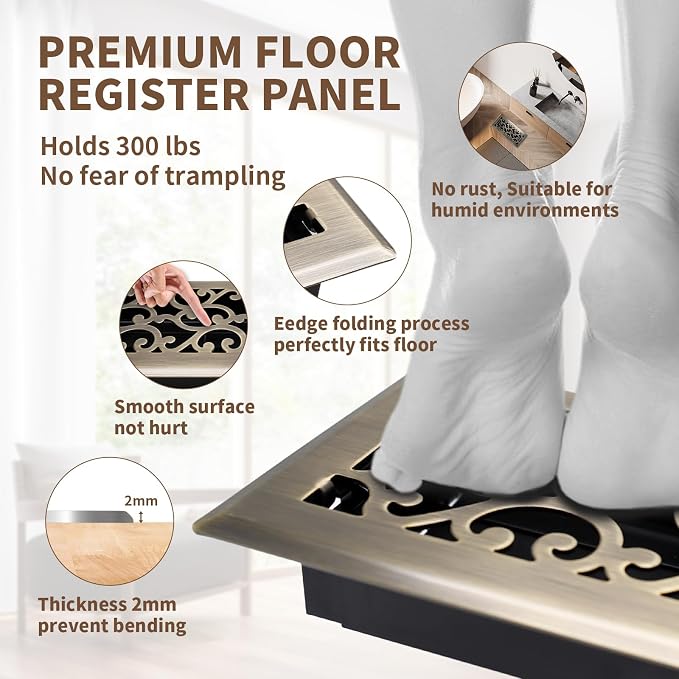 2 Pack Floor Register 4x12 Inches Heavy Duty Walkable Steel Floor Registers Adjustable Airflow Floor Vent Covers - Antique