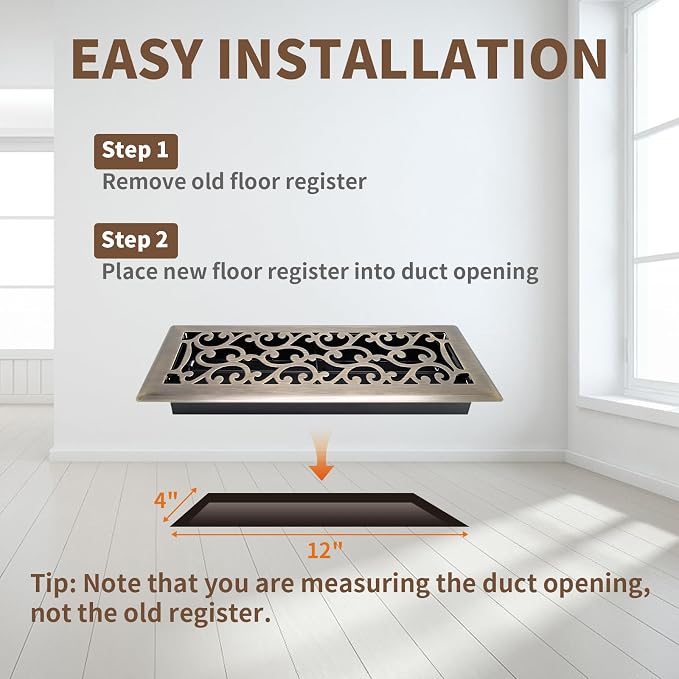2 Pack Floor Register 4x12 Inches Heavy Duty Walkable Steel Floor Registers Adjustable Airflow Floor Vent Covers - Antique