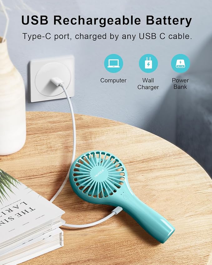 2 Pack Handheld Mini Portable Fans Blue, Rechargeable Battery Operated Small Fan for Outdoor Travel Kids Trip, Cute Design