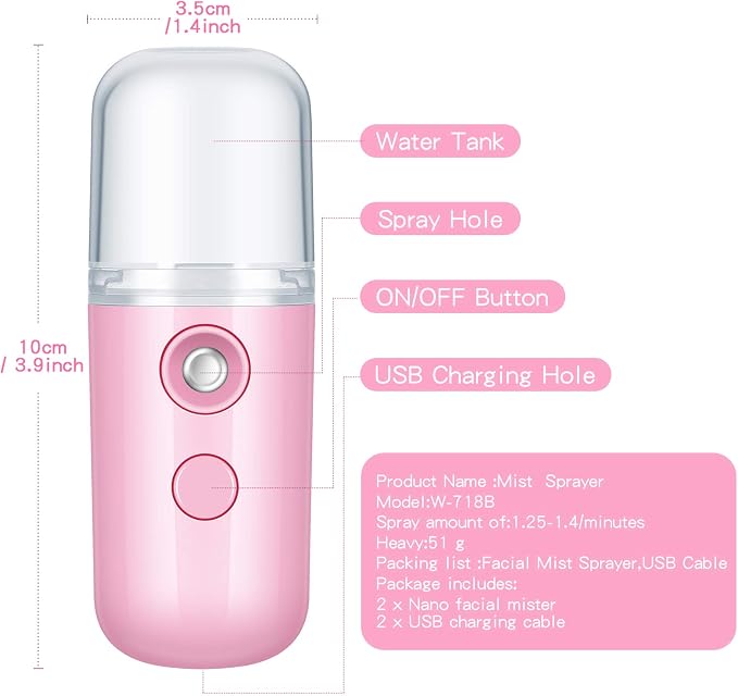 2 Pack Nano Facial Mister Spray Bottle Handheld Humidifier Portable Face Mister for Eyelash Extensions USB Rechargeable 1 oz