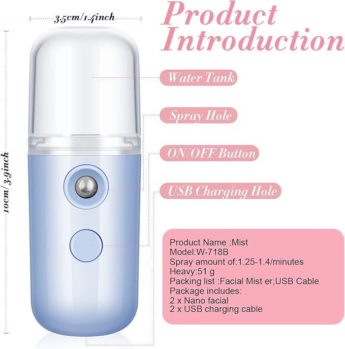 2 Pack Nano Facial Mister Spray Bottle Handheld Humidifier Portable Face Mister for Eyelash Extensions USB Rechargeable 1 oz