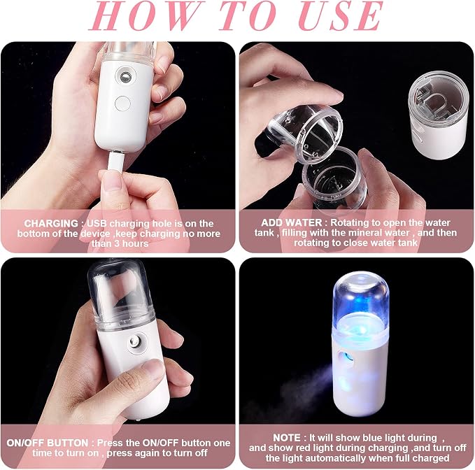 2 Pack Nano Facial Mister Spray Bottle Handheld Humidifier Portable Face Mister for Eyelash Extensions USB Rechargeable 1 oz