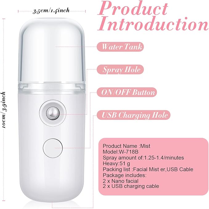 2 Pack Nano Facial Mister Spray Bottle Handheld Humidifier Portable Face Mister for Eyelash Extensions USB Rechargeable 1 oz