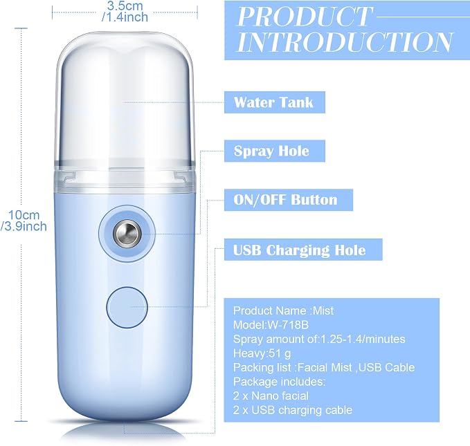 2 Pack Nano Facial Mister Spray Bottle Handheld Humidifier Portable Face Mister for Eyelash Extensions USB Rechargeable 1 oz