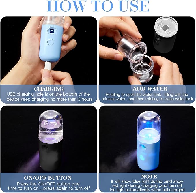 2 Pack Nano Facial Mister Spray Bottle Handheld Humidifier Portable Face Mister for Eyelash Extensions USB Rechargeable 1 oz