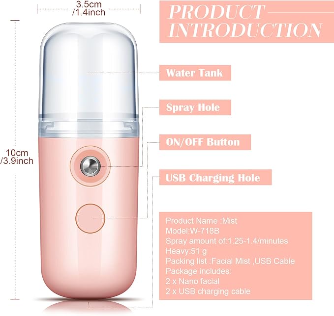 2 Pack Nano Facial Mister Spray Bottle Handheld Humidifier Portable Face Mister for Eyelash Extensions USB Rechargeable 1 oz
