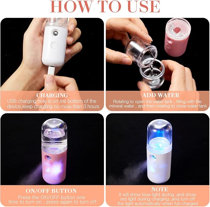 2 Pack Nano Facial Mister Spray Bottle Handheld Humidifier Portable Face Mister for Eyelash Extensions USB Rechargeable 1 oz